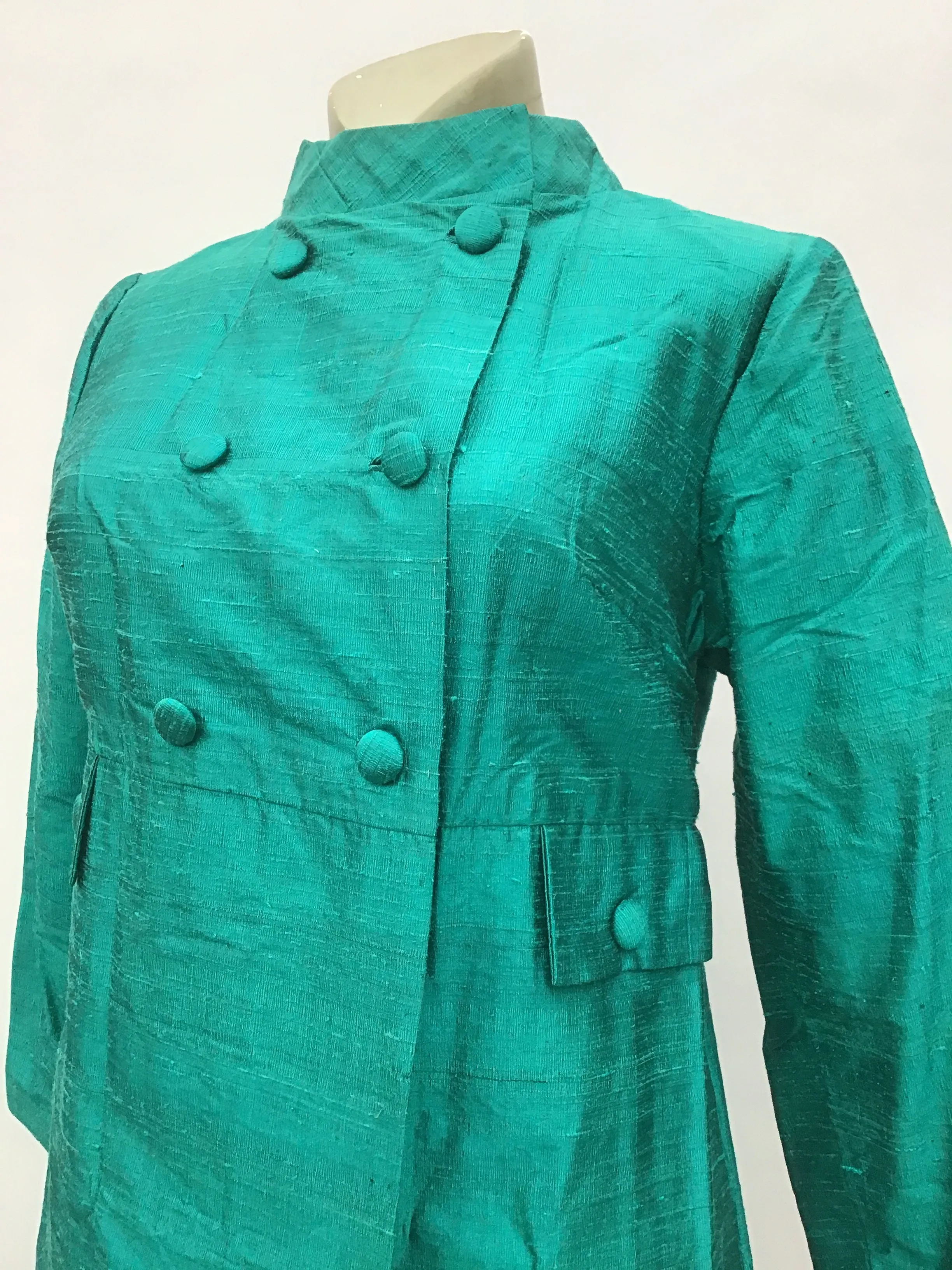 1960s Vintage Turquoise Shangtung Raw Silk Cocktail Coat