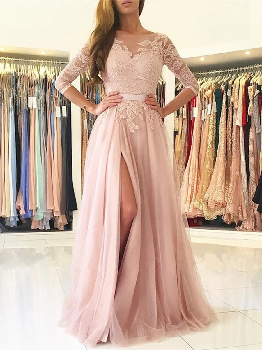 A Line 3/4 Sleeves Backless Lace Pink Long Prom Dresses with High Slit, Pink Lace Formal Dresses, Long Sleeves Evening Dresses