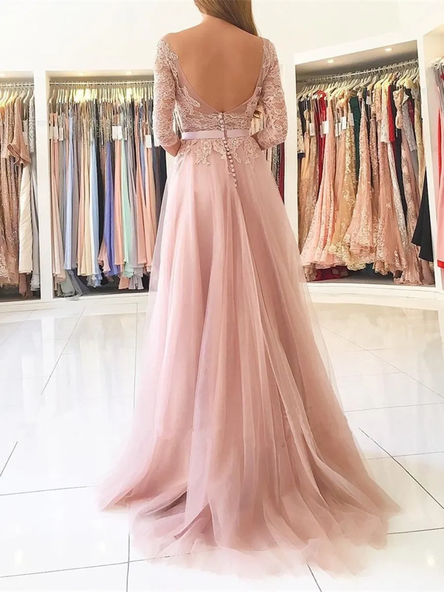 A Line 3/4 Sleeves Backless Lace Pink Long Prom Dresses with High Slit, Pink Lace Formal Dresses, Long Sleeves Evening Dresses