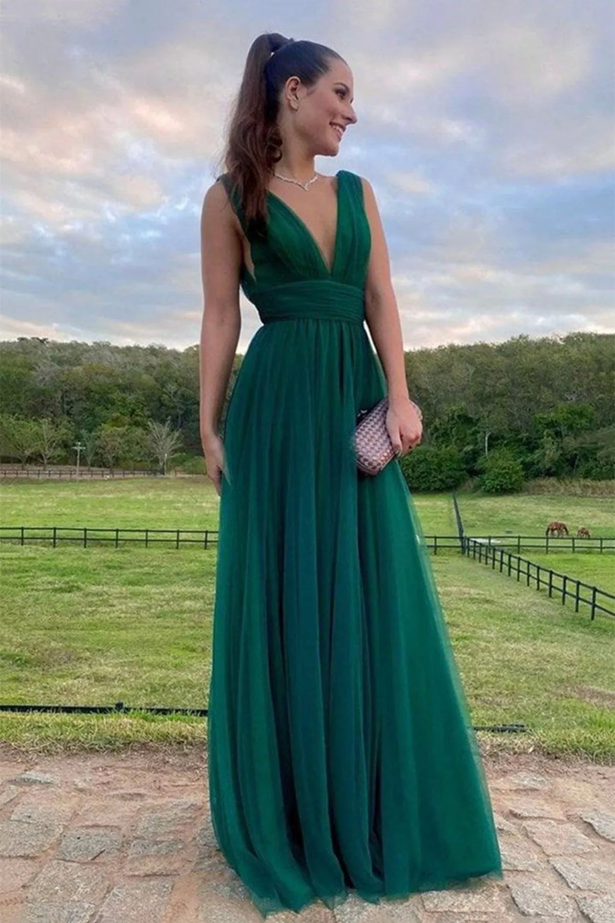 A Line V Neck Green Tulle Long Prom Dress, V Neck Green Formal Graduation Evening Dress A1675