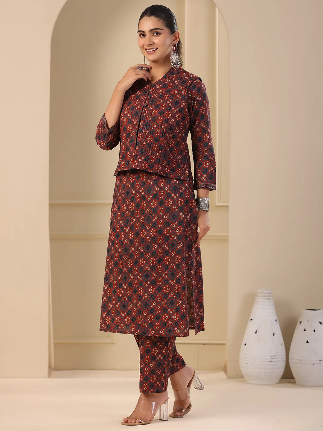 Ajrakh Block Printed Sequins Embroidered Kurta with Quilted Reversible Waist Coat & Pants - Maroon