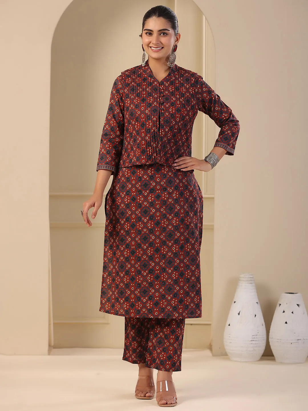 Ajrakh Block Printed Sequins Embroidered Kurta with Quilted Reversible Waist Coat & Pants - Maroon