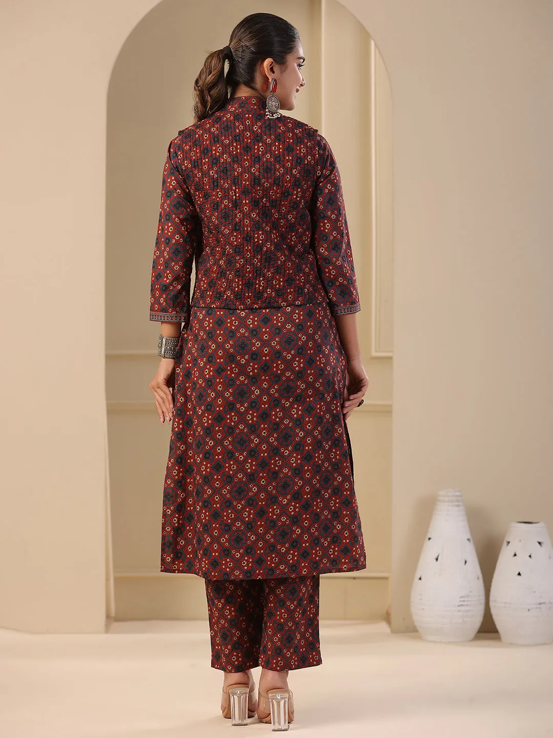 Ajrakh Block Printed Sequins Embroidered Kurta with Quilted Reversible Waist Coat & Pants - Maroon