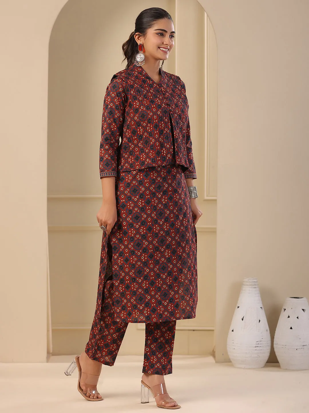 Ajrakh Block Printed Sequins Embroidered Kurta with Quilted Reversible Waist Coat & Pants - Maroon