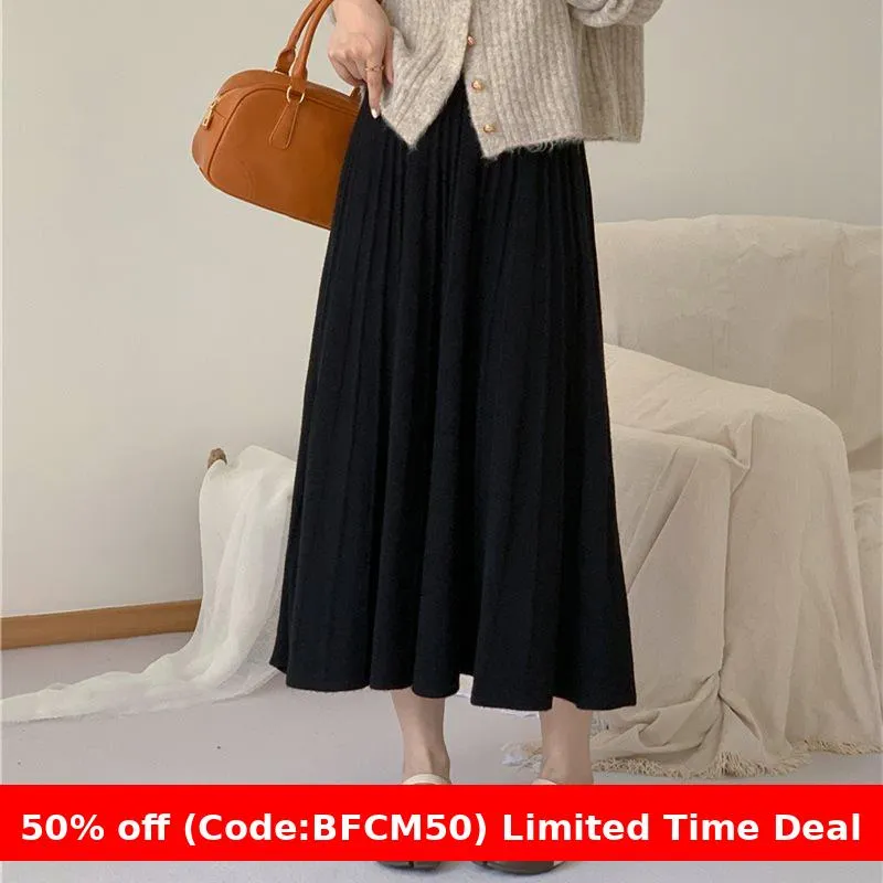 Amozae winter outfits men Autumn and Winter Knitted Skirt High Waist Slimming Large Skirt A- Line Skirt Elegant Temperament Pleated Skirt