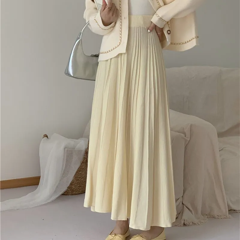 Amozae winter outfits men Autumn and Winter Knitted Skirt High Waist Slimming Large Skirt A- Line Skirt Elegant Temperament Pleated Skirt