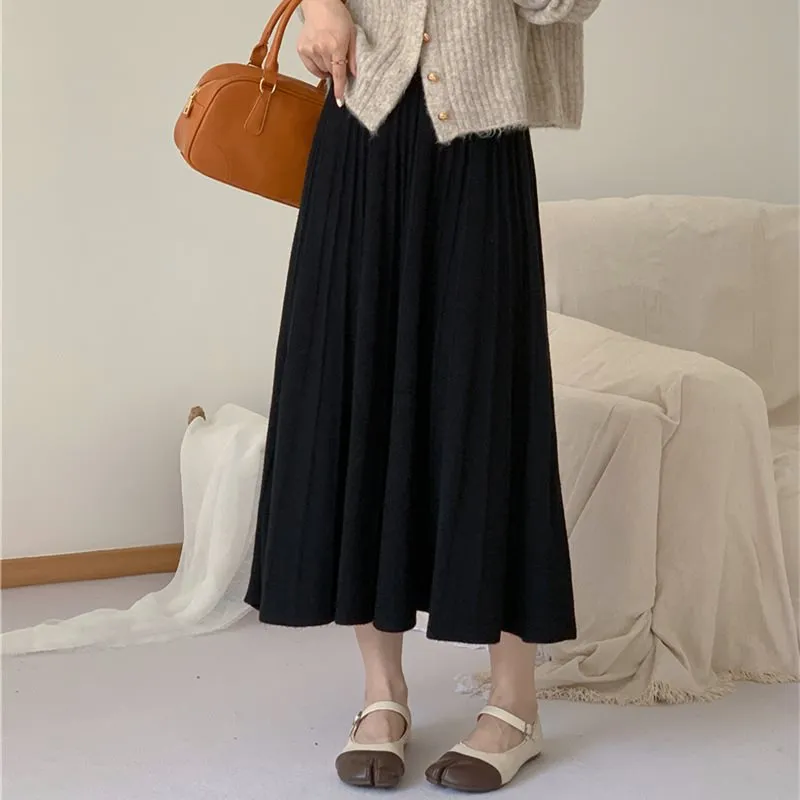 Amozae winter outfits men Autumn and Winter Knitted Skirt High Waist Slimming Large Skirt A- Line Skirt Elegant Temperament Pleated Skirt