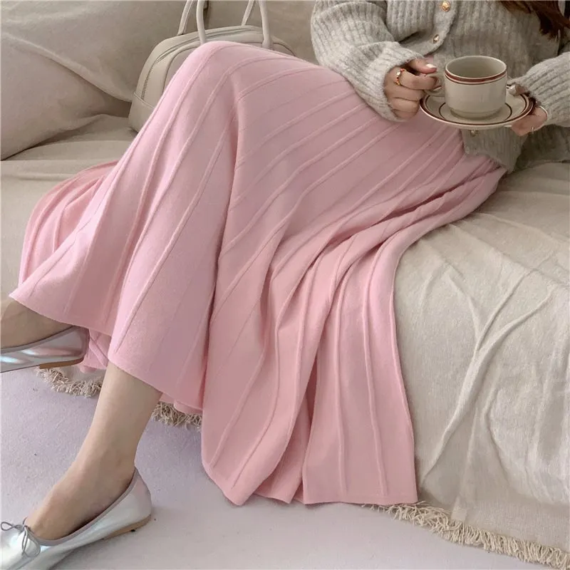 Amozae winter outfits men Autumn and Winter Knitted Skirt High Waist Slimming Large Skirt A- Line Skirt Elegant Temperament Pleated Skirt