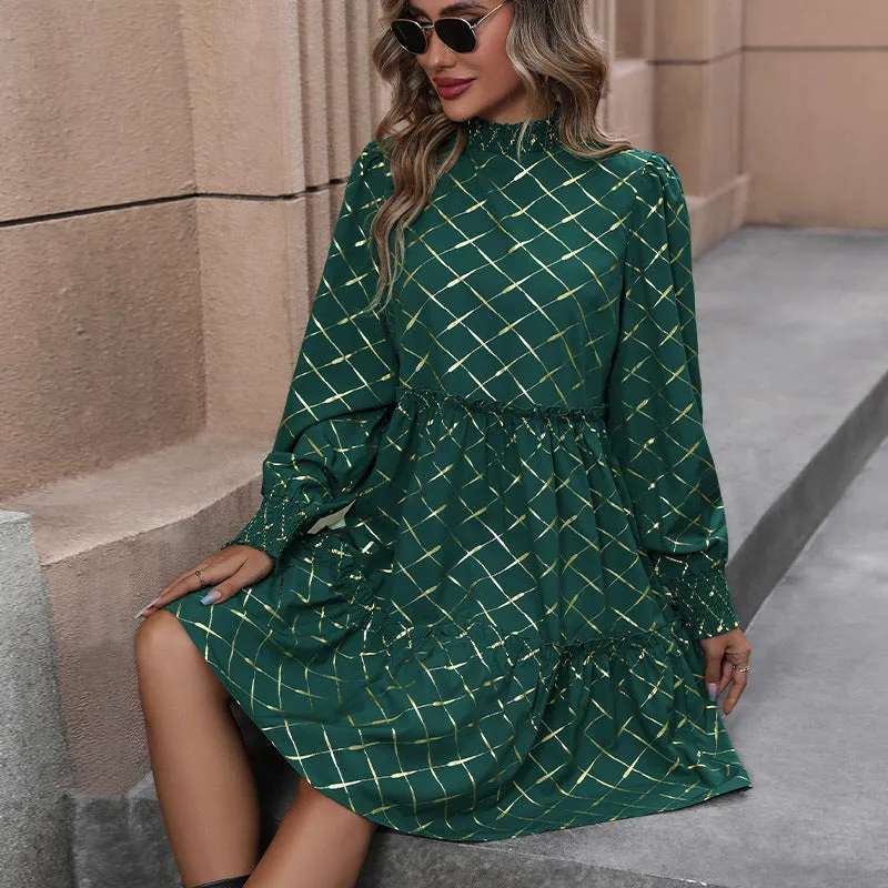 Autumn New Fashion Women's Diamond Pattern Long Sleeve Dress