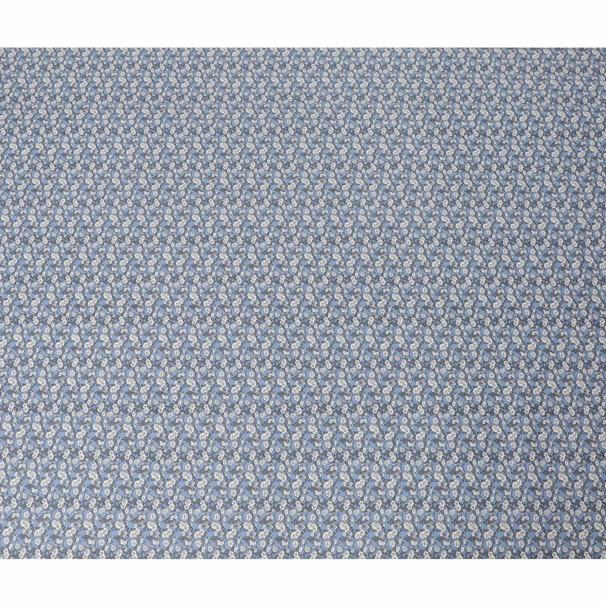 Baby blue cotton fabric with white and black print in floral design-D14844