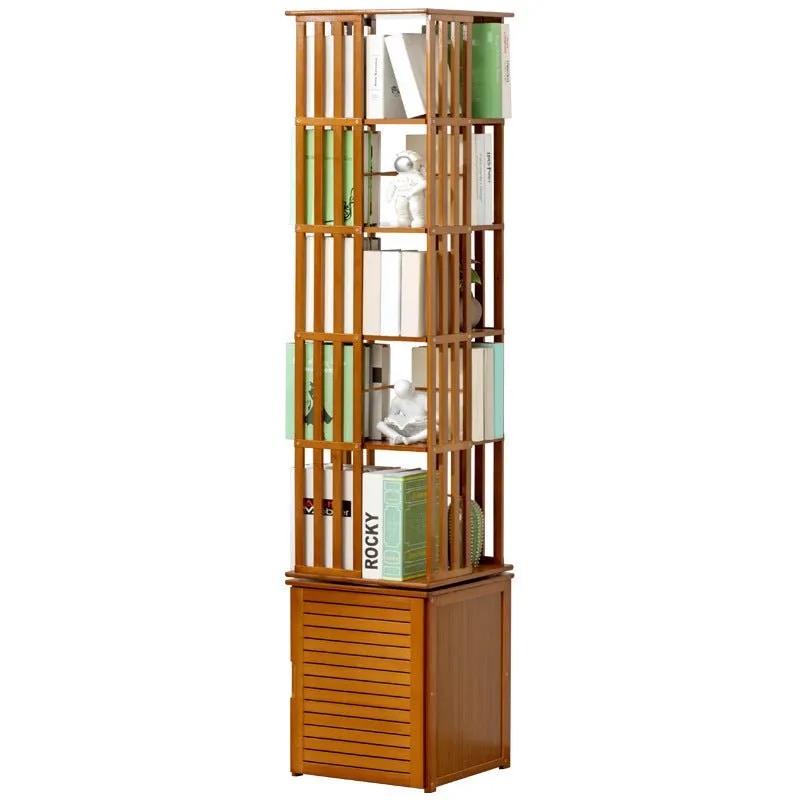 Bamboo 7 Tiers Open Bookcase with Door, Spinning Bookshelf Display Rack for Home