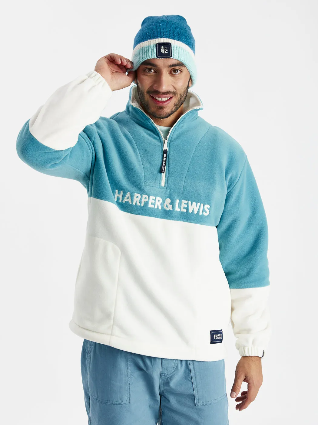 Berkley 1/4 Zip Fleece Steel Blue & Cream