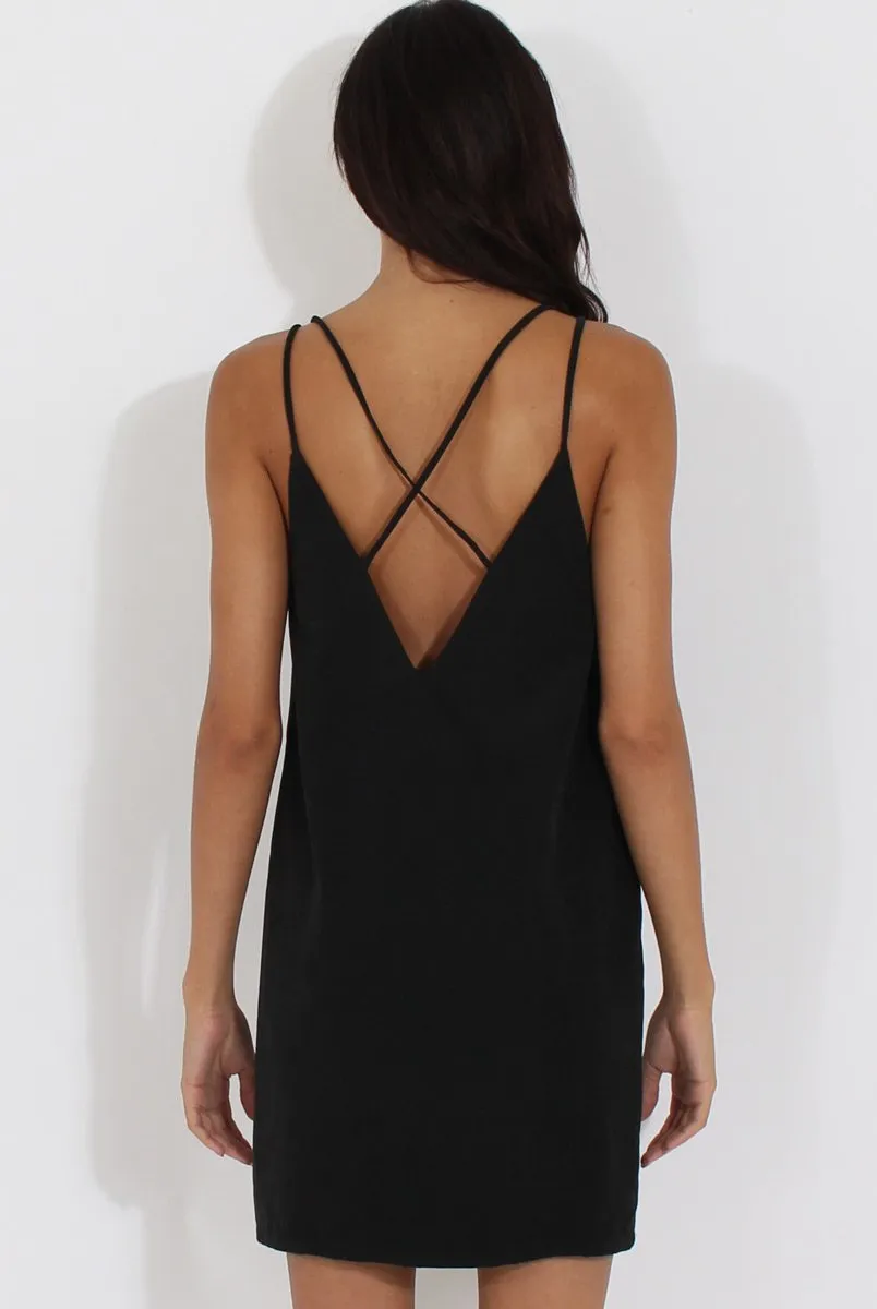 Black Faux Suede Strappy Back Slip Dress - Sylvie