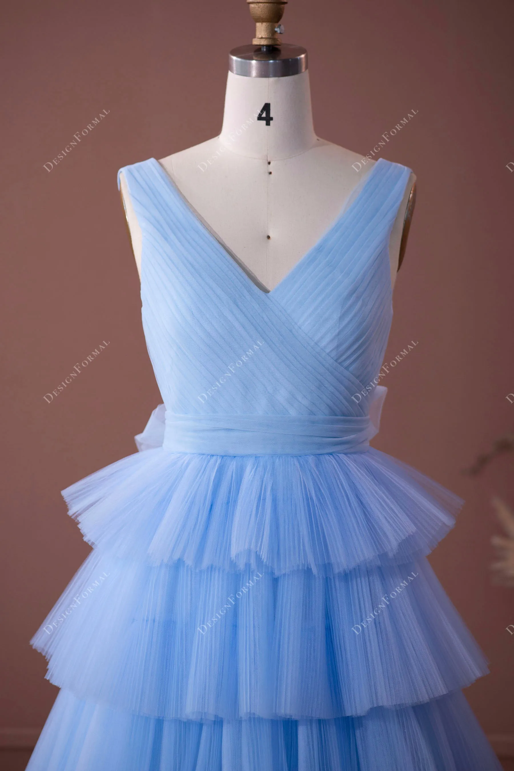 Blue Straps Pleated Tiered Tulle Elegant Formal Dress