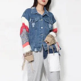 Casual Patchwork Knitted Tassel Denim Jacket For Women Lapel Long Sleeve Color Block Jackets Female Fashion