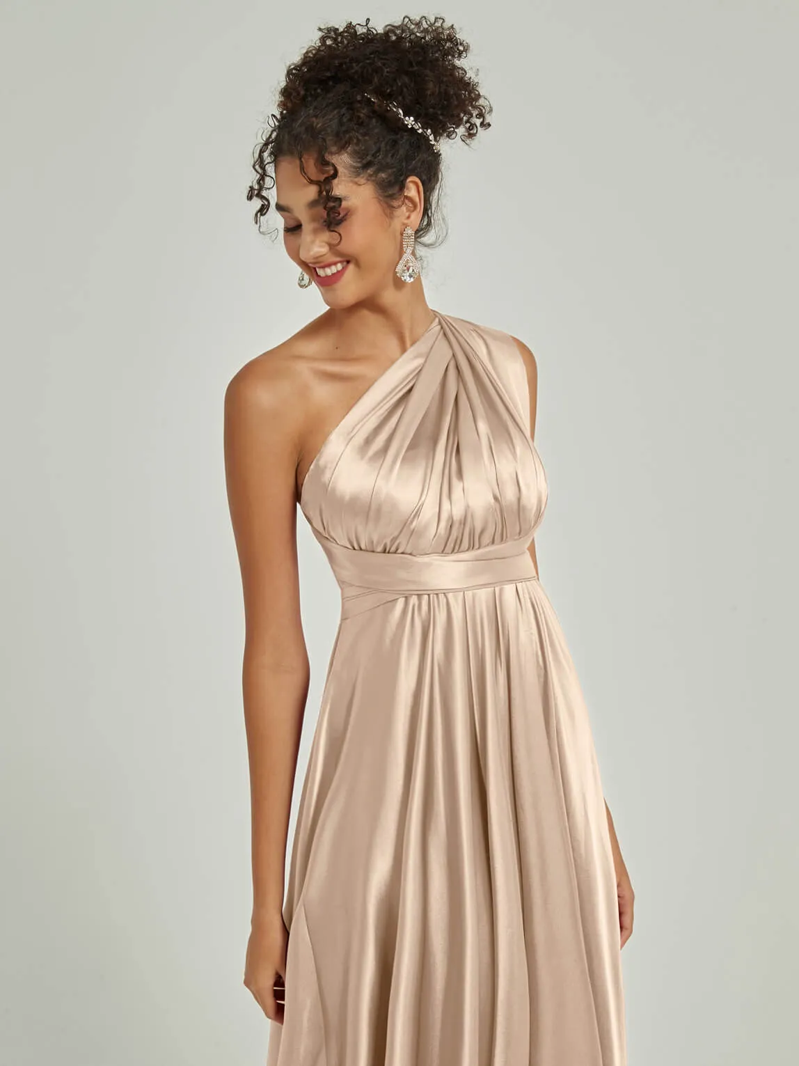 Champagne Satin Convertible Bridesmaid Dress Multi Ways Wrap A-Line Gowns