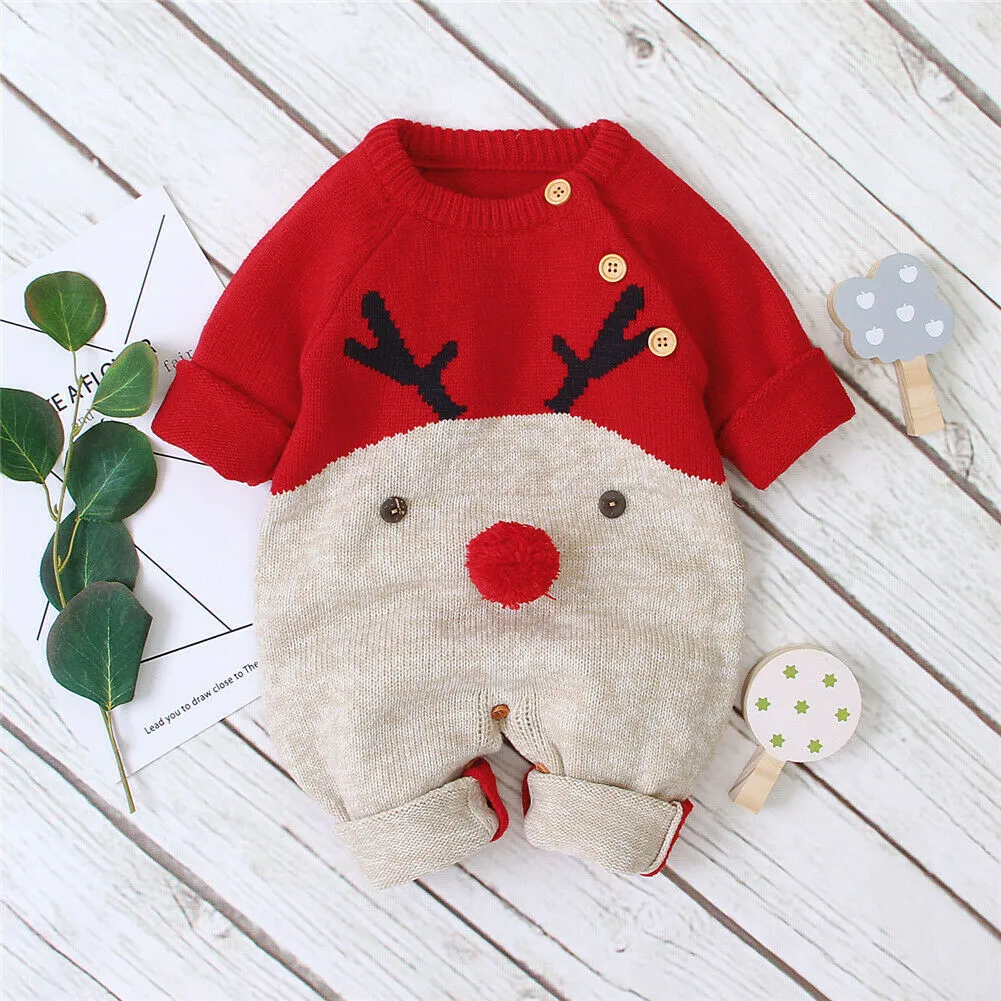 Christmas Baby Clothes Newborn Infant Boy Girl Deer Romper Knitted Warm Jumpsuit