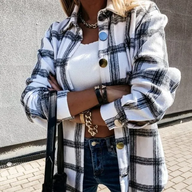 DressBetty - Women Long Sleeve Plaid Jacket Autumn Winter Oversized Coat Fashion Loose Outwear Vintage Elegant Top Streetwear