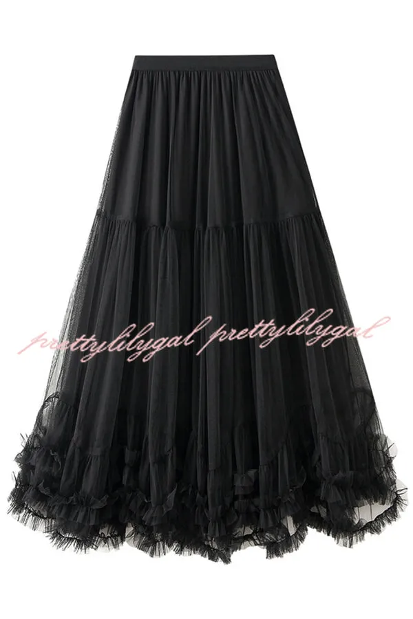 Elegant Tulle Stretch Waist Paneled Pleated Maxi Skirt