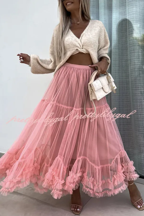 Elegant Tulle Stretch Waist Paneled Pleated Maxi Skirt