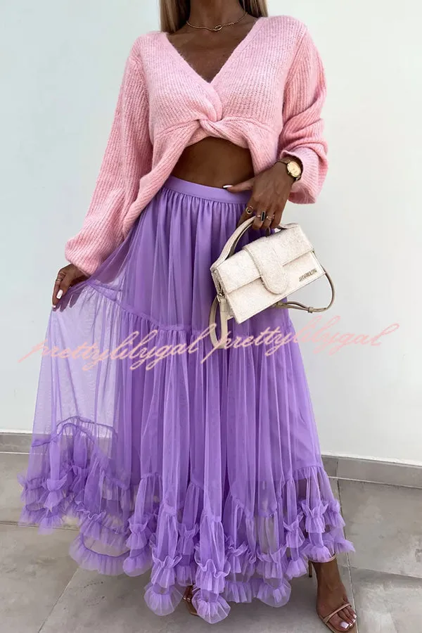 Elegant Tulle Stretch Waist Paneled Pleated Maxi Skirt