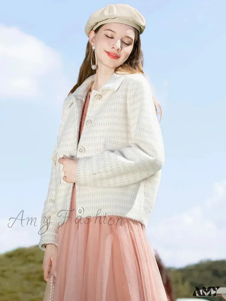 Elegant Turndown Collar Short Woolen Winter Warm Female Coat