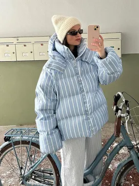 Fashionkova Christmas Gift Outfit  Elegant Blue Stand Collar Hooded Stripes Warm Short Cotton Coat Chic Zipper Down Jacket 2024 New Woman Winter Commuter Wear