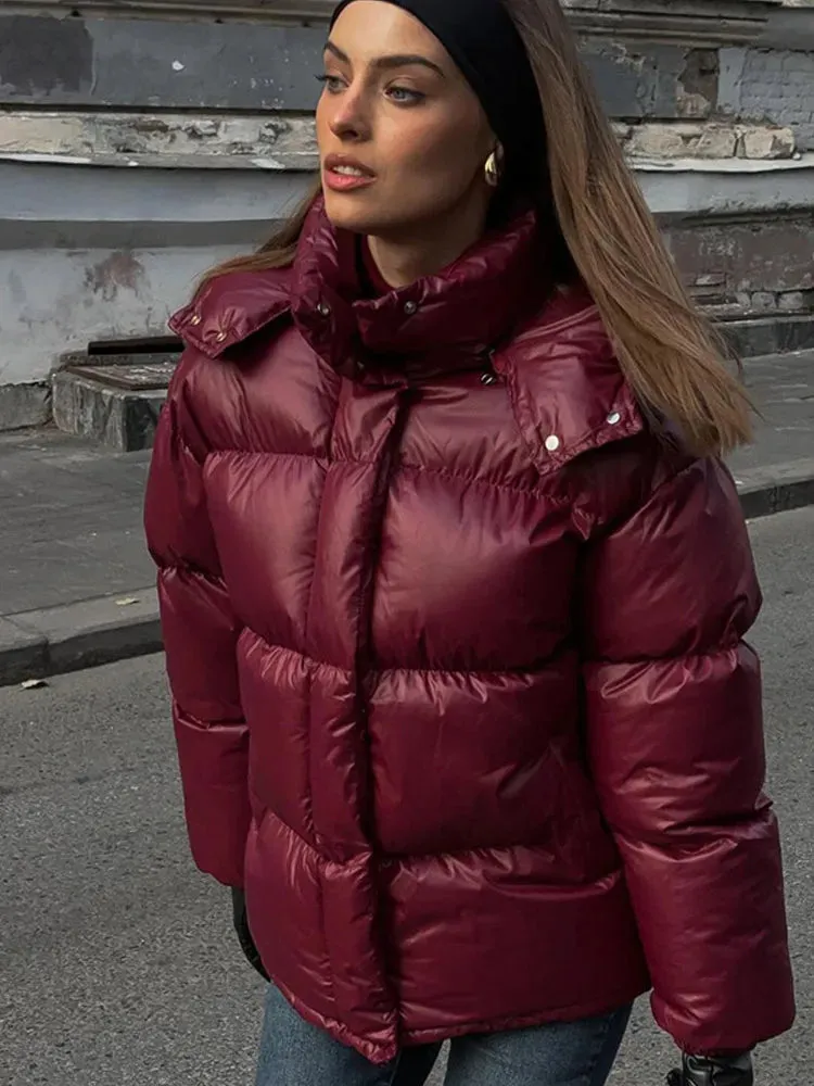 Fashionkova Christmas Gift Outfit Elegant Burgundy Warm Stand Collar Full Sleeve Down Coat Chic Solid Color Zipper Cotton Jacket Winter New Woman High Street Wear