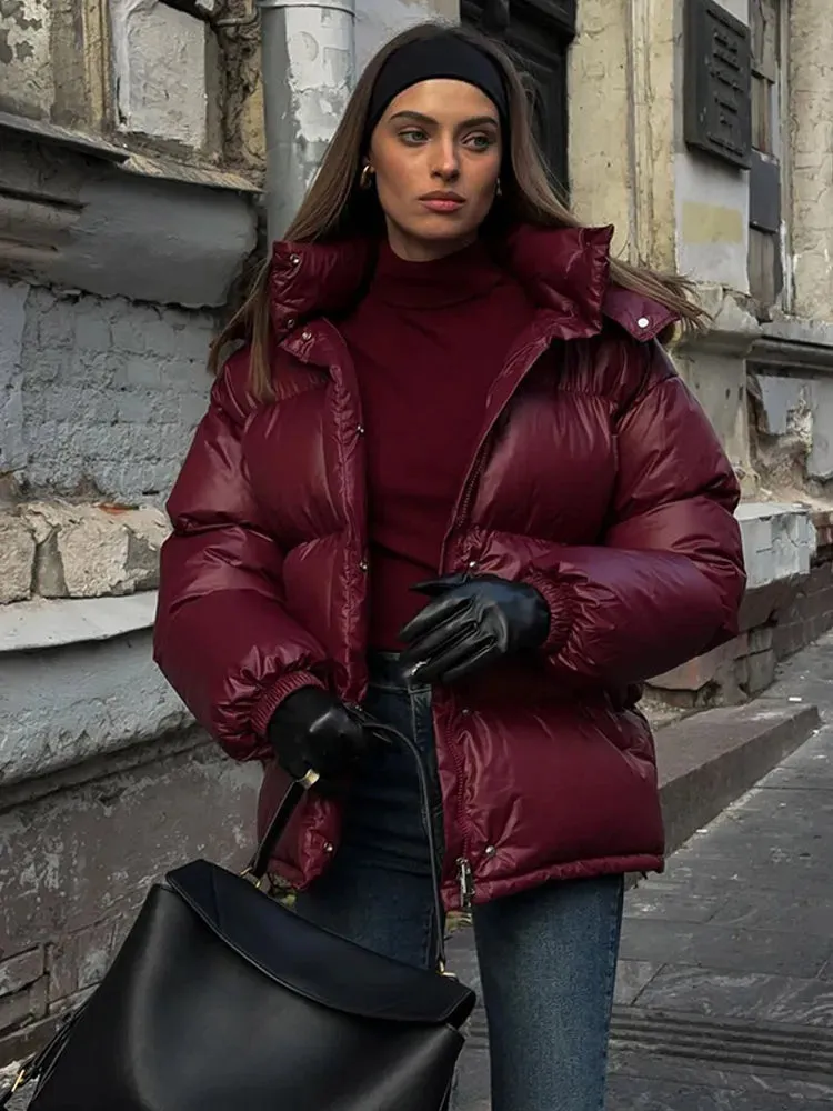 Fashionkova Christmas Gift Outfit Elegant Burgundy Warm Stand Collar Full Sleeve Down Coat Chic Solid Color Zipper Cotton Jacket Winter New Woman High Street Wear