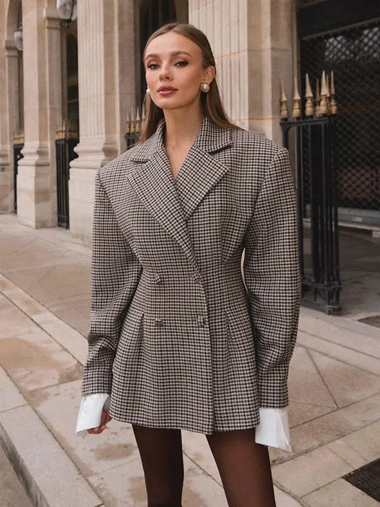 Fashionkova Christmas Gift Outfit Elegant Double Breasted Full Sleeve Slim High Waist Suit Coat Fashion Plaid Lapel Collar Casual Jacket New Fall Woman Streetwear