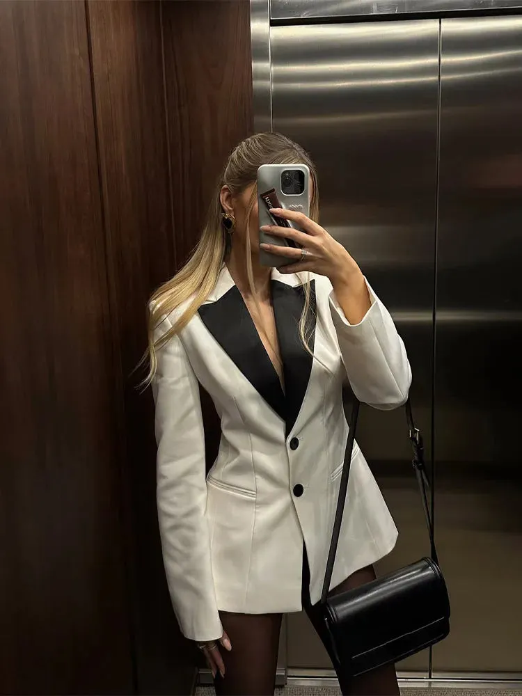 Fashionkova Christmas Gift Outfit Unique Contrasting Lapel Collar Single Breasted Short Suit Coat Elegant Waist Slimming White Jacket New Woman Commuter Wear