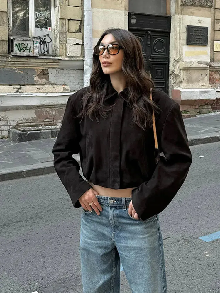 Fashionkova Elegant Dark Brown Short Suede Jacket Women Fashion Lapel Long Sleeves Pocket Loose Coat 2024 Autumn Lady Commuting Streetwear