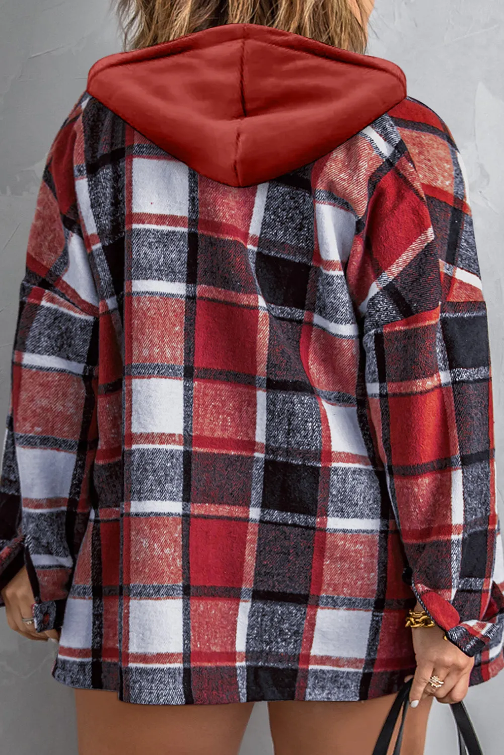 Fiery Red Hooded Plaid Button Front Shacket