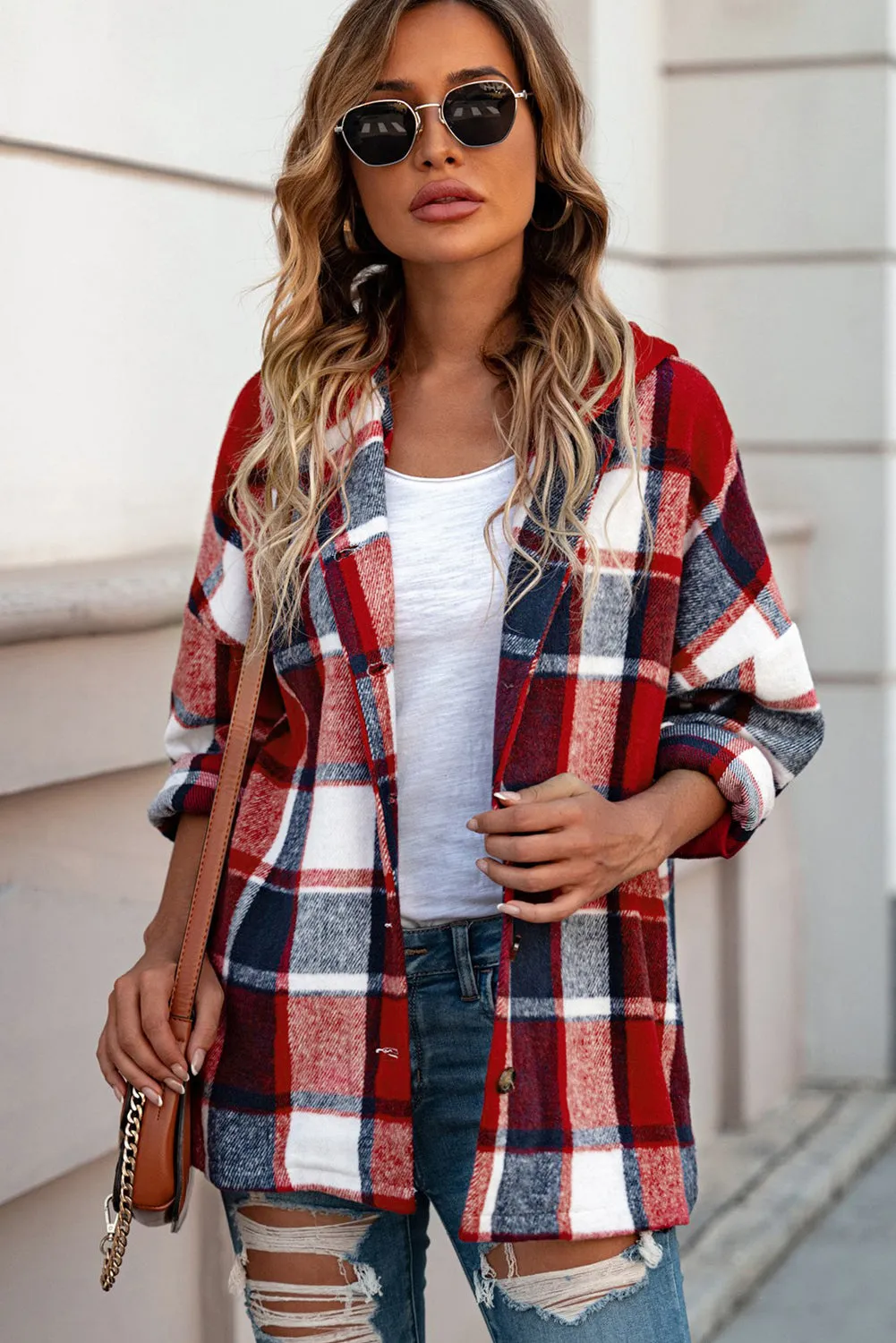 Fiery Red Hooded Plaid Button Front Shacket