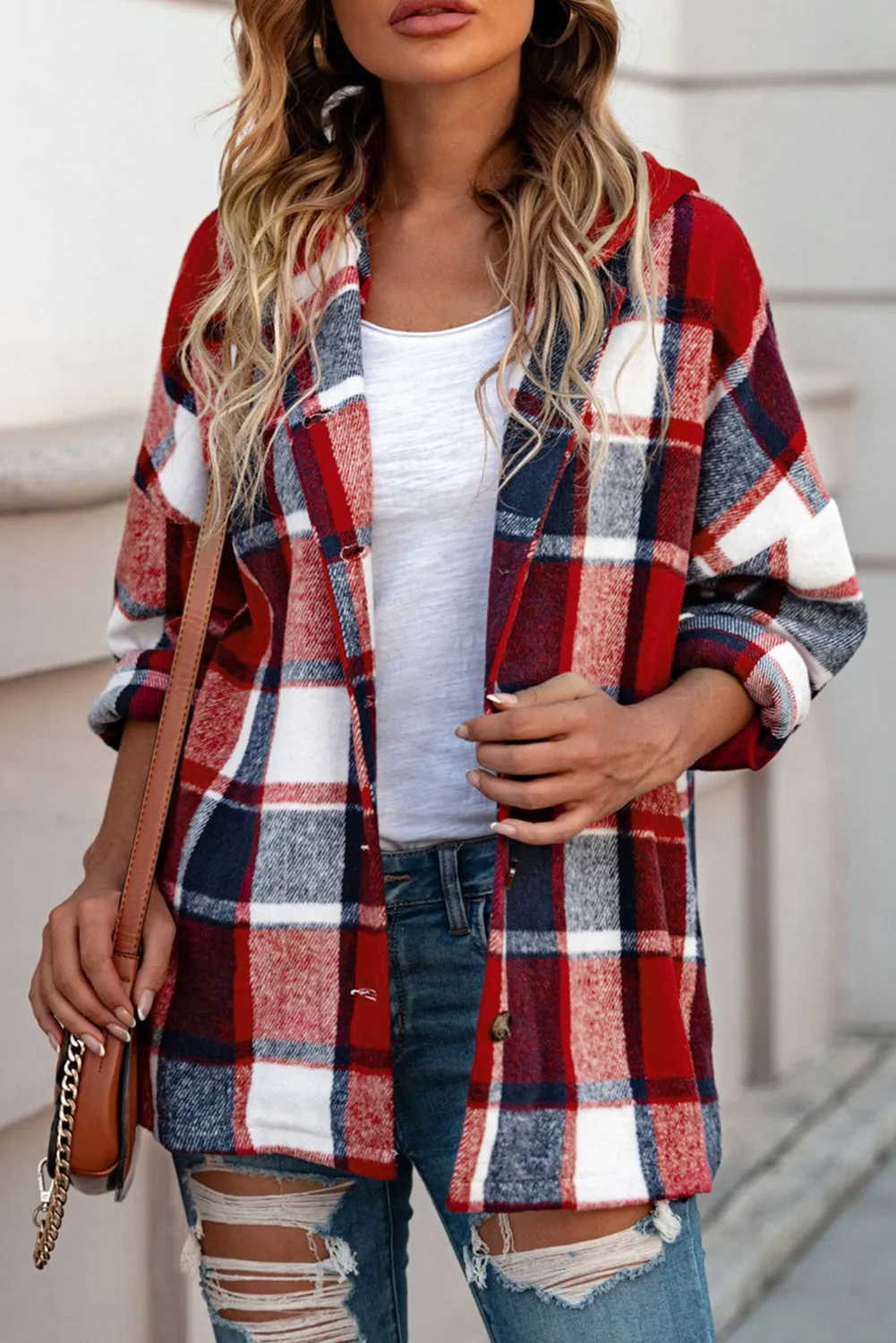 Fiery Red Hooded Plaid Button Front Shacket