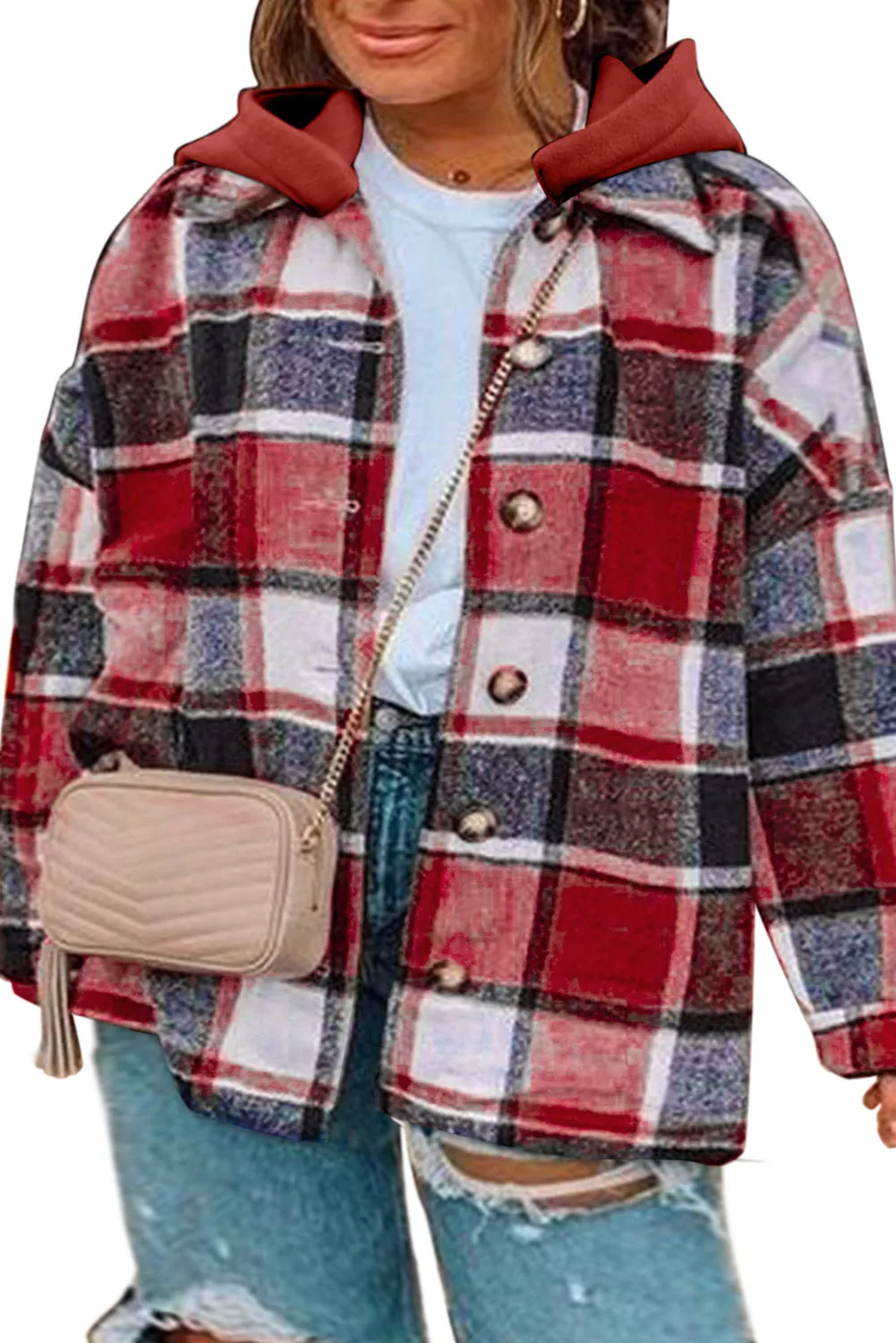 Fiery Red Hooded Plaid Button Front Shacket