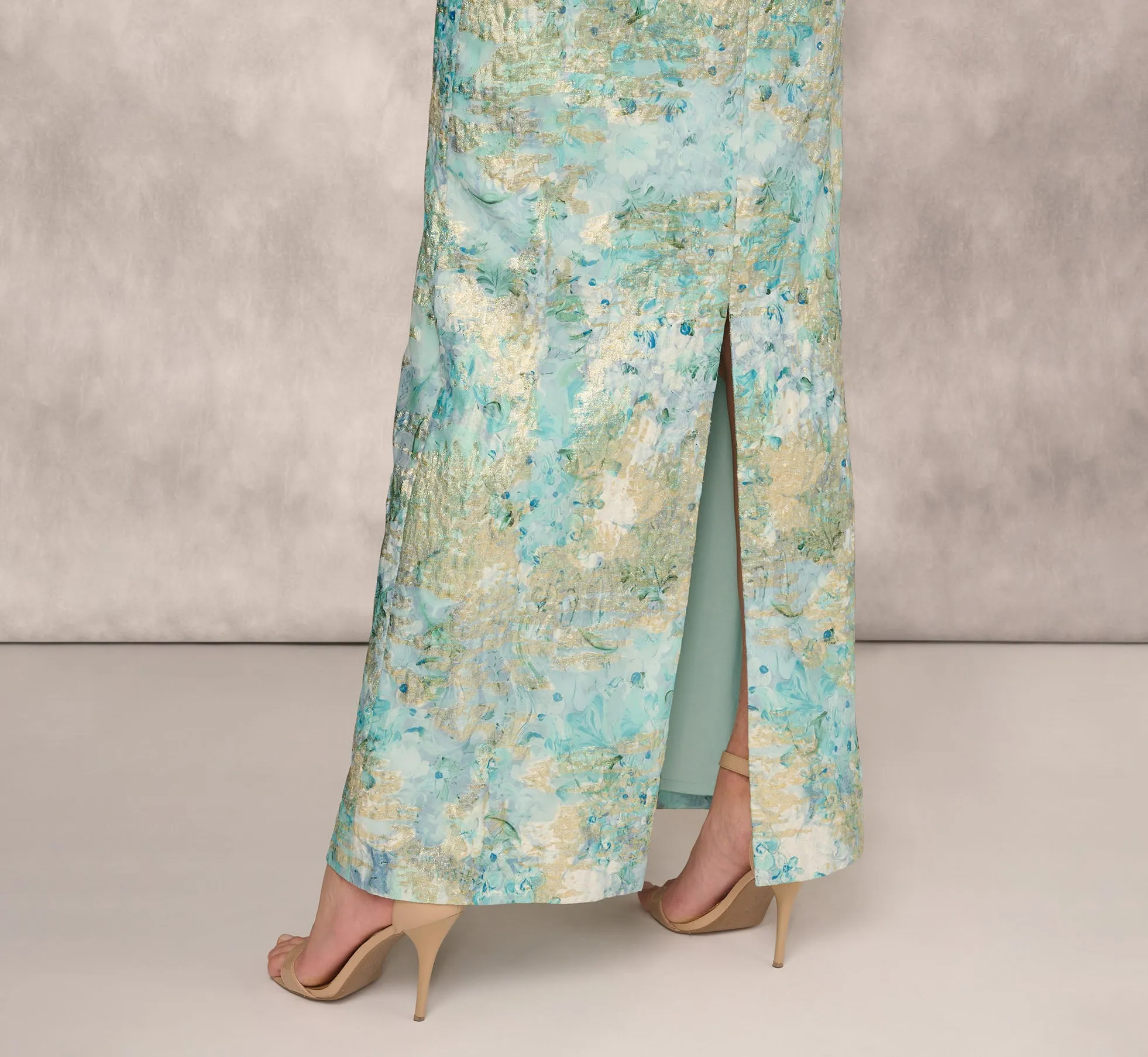 Floral Jacquard Gown With Pleated Waist In Green Multi