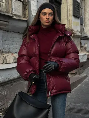 Flytonn-Christmas Thanksgiving Gift New Year's Eve Casual Outfits 2024 Elegant Fall Winter Wine Red Full Sleeve Warm Woman Cotton Coat Fashion Solid Zipper Down Jacket New Lady Commuter Wear