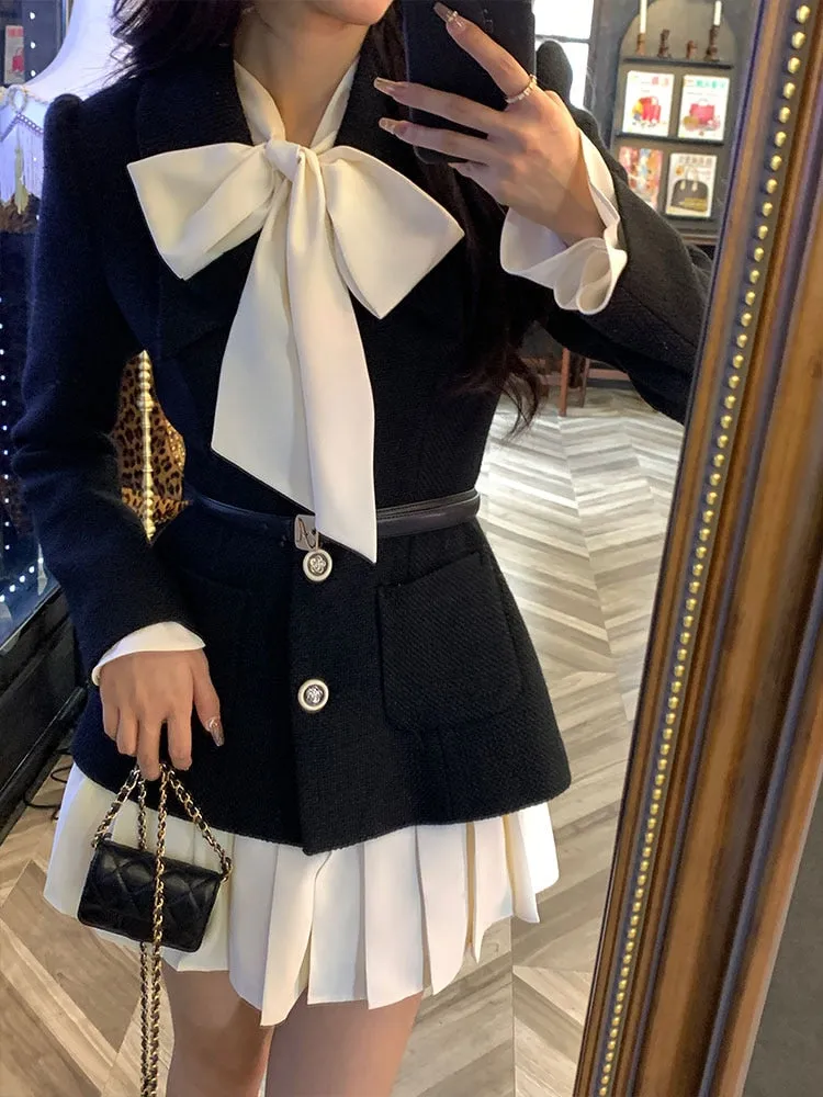 Getadme Black Elegant Party Mini Dress Women Winter Bow Sweet Korean Style Pleated Dresses France Vintage Two-piece Dress and Coat