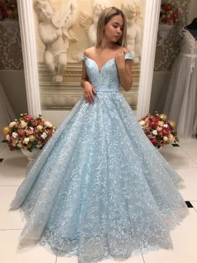 Gorgeous Off Shoulder Sky Blue Lace Long Prom Dresses, Sky Blue Lace Formal Evening Dresses, Blue Ball