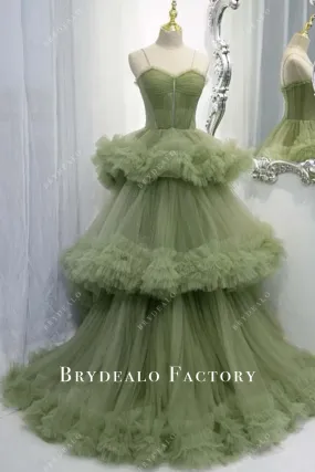 Green Tiered Tulle A-Line Long Train Prom Dress