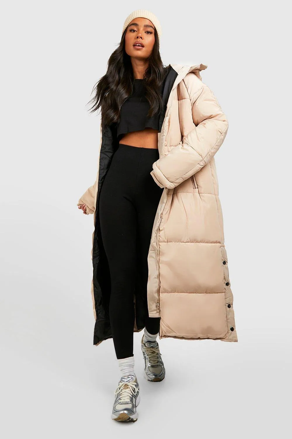 HOODED LONGLINE PUFFER JACKET-STONE