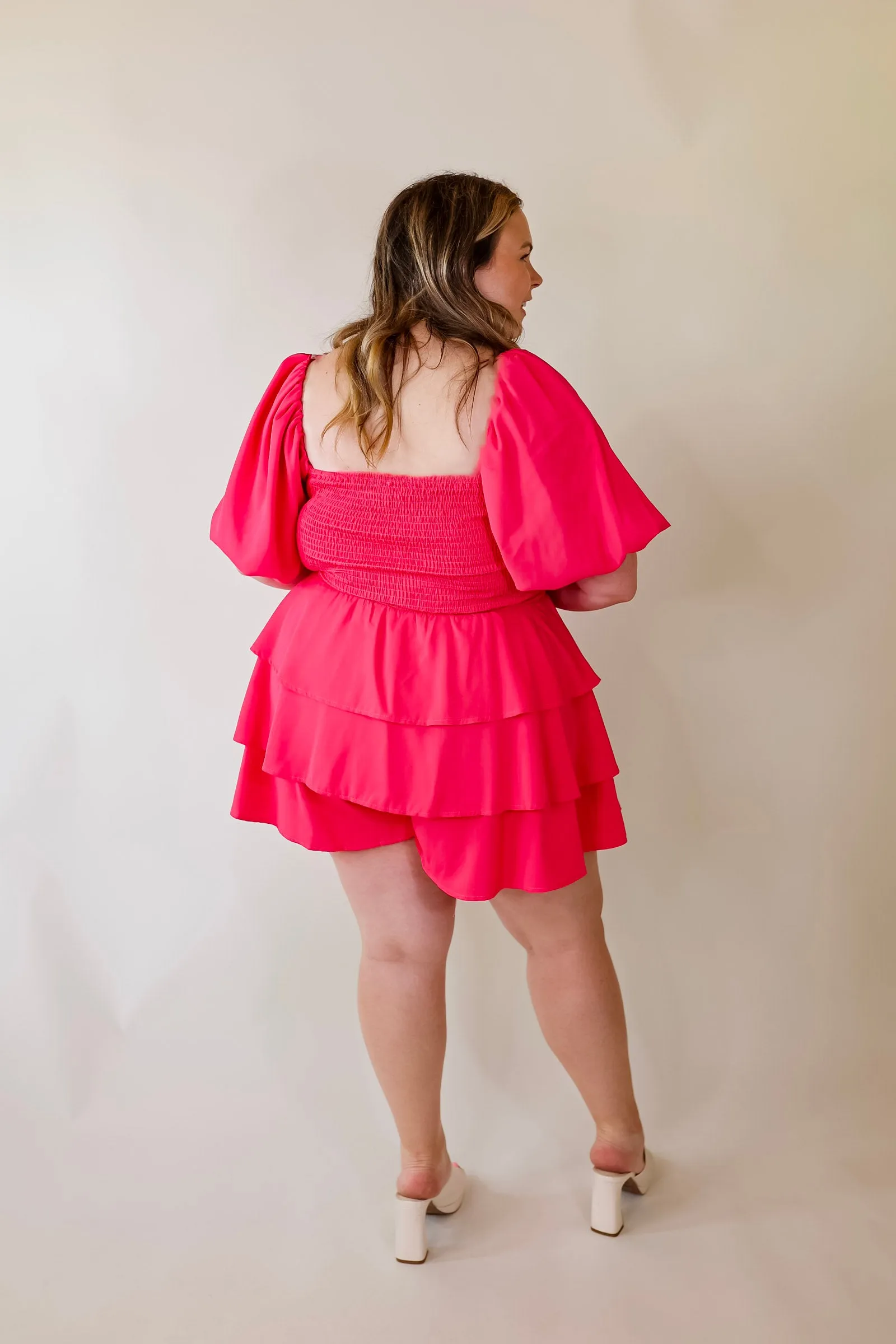 I Want It All Tiered Romper With Puffed Sleeves In Fuchsia Pink