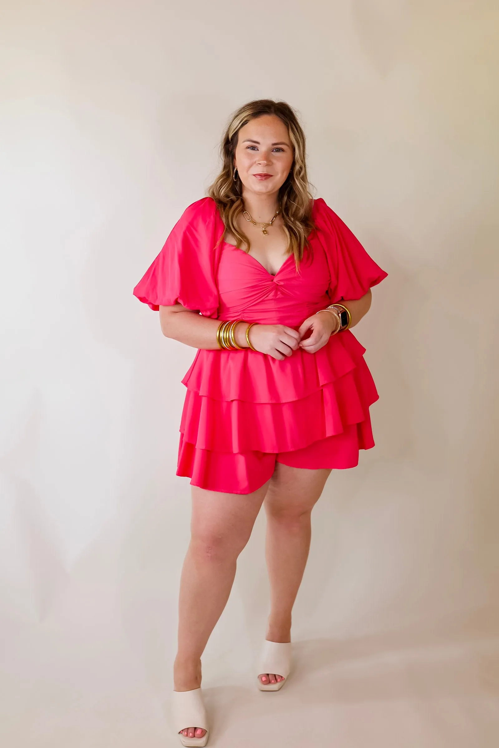 I Want It All Tiered Romper With Puffed Sleeves In Fuchsia Pink