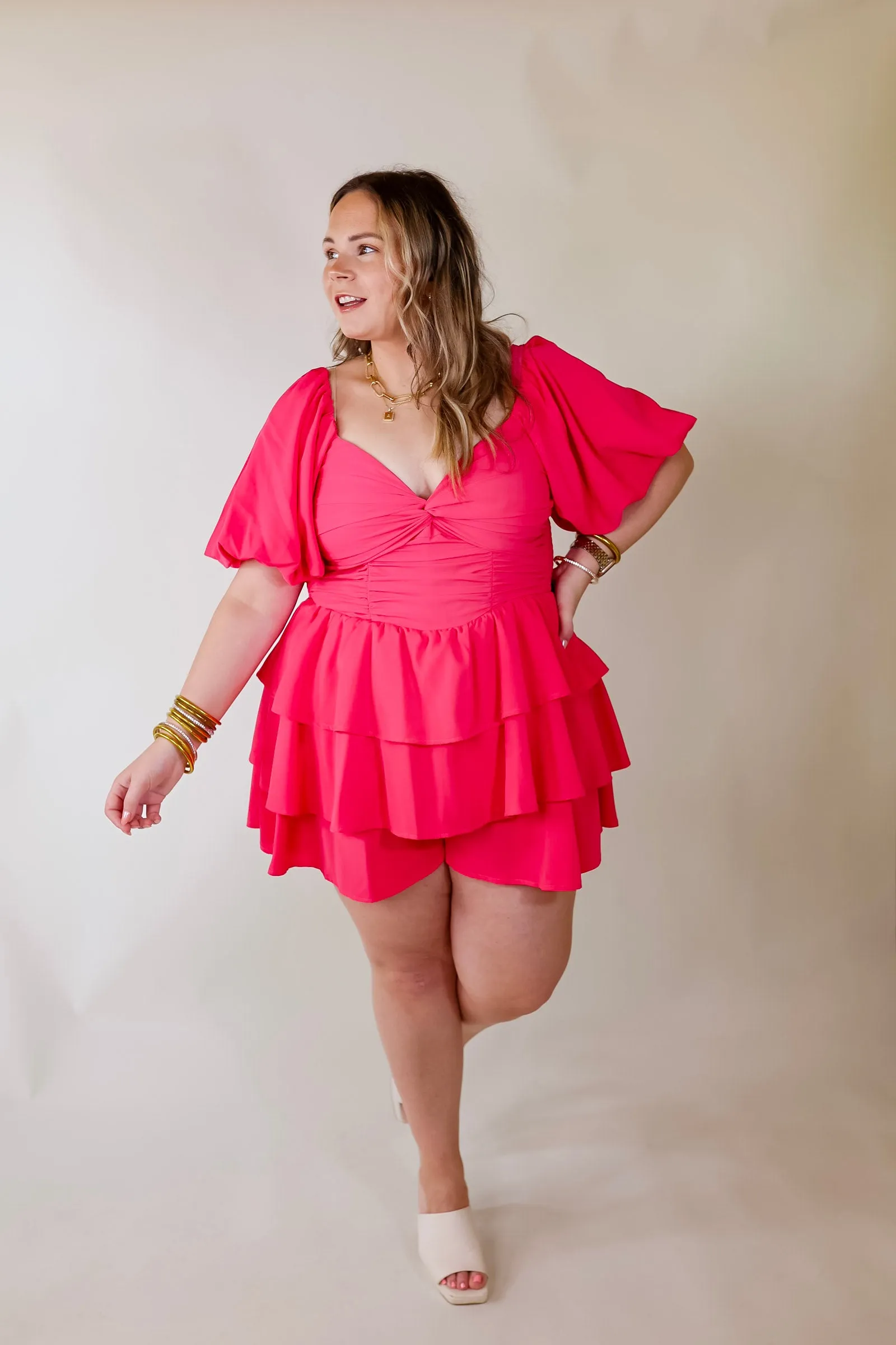 I Want It All Tiered Romper With Puffed Sleeves In Fuchsia Pink