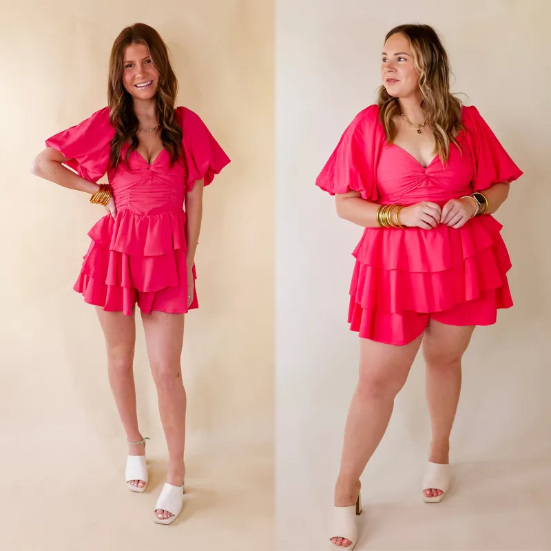 I Want It All Tiered Romper With Puffed Sleeves In Fuchsia Pink