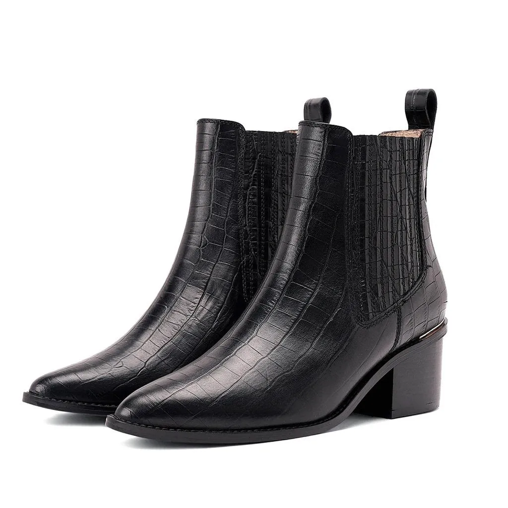 Ilaria Black Croco Print Leather Ankle Boots