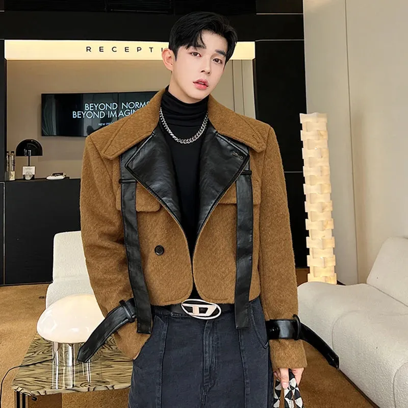 Korean Style Trend Jackets Men's Niche Design Leather Combination Fur Short Coat Fashion Autumn Clothing 9C3372