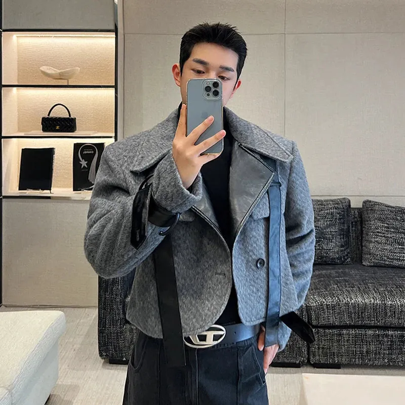 Korean Style Trend Jackets Men's Niche Design Leather Combination Fur Short Coat Fashion Autumn Clothing 9C3372