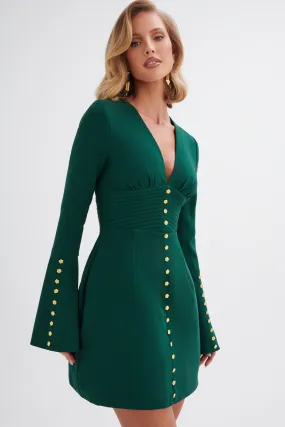 LARA Fluted Sleeve Rose Button Mini Dress in Emerald Green